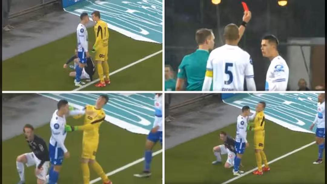 بالفيديو..لاعب يتلقى طردا..بعد تسببه بركلة جزاء وضربه حارس مرماه!