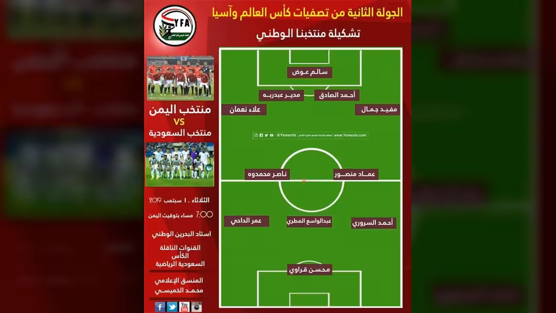 تعرف على تشكيلة منتخب اليمن بمواجهة السعودية
