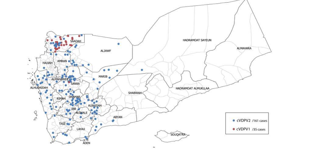 خارطة توضح تفشي شلل الأطفال في صعدة ومناطق شمالي اليمن