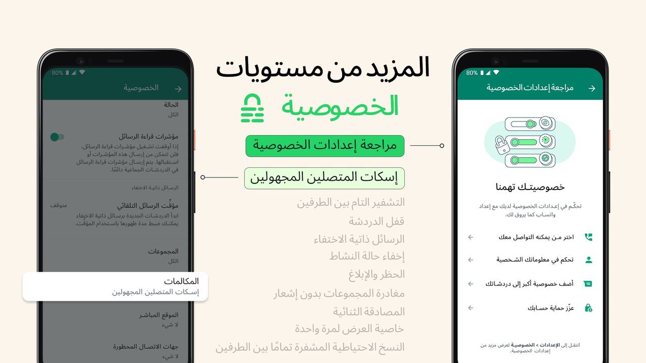 ميزات جديدة في واتساب: إسكات المتصلين المجهولين ومراجعة الخصوصية