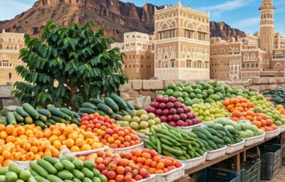 مشهد عام في اليمن يظهر بيع الخضروات وخلفية من العمارة القديمة في صنعاء