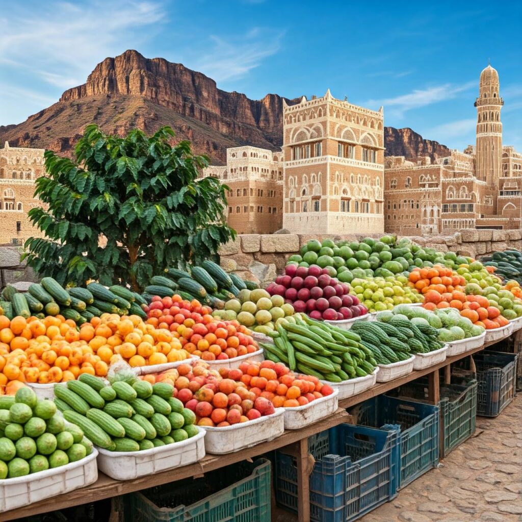 مشهد من اليمن، تظهر فيه سوق شعبي قديم بدون وجود أشخاص وأبنية قديمة من الطوب الطيني تعكس الطراز اليمني التقليدي