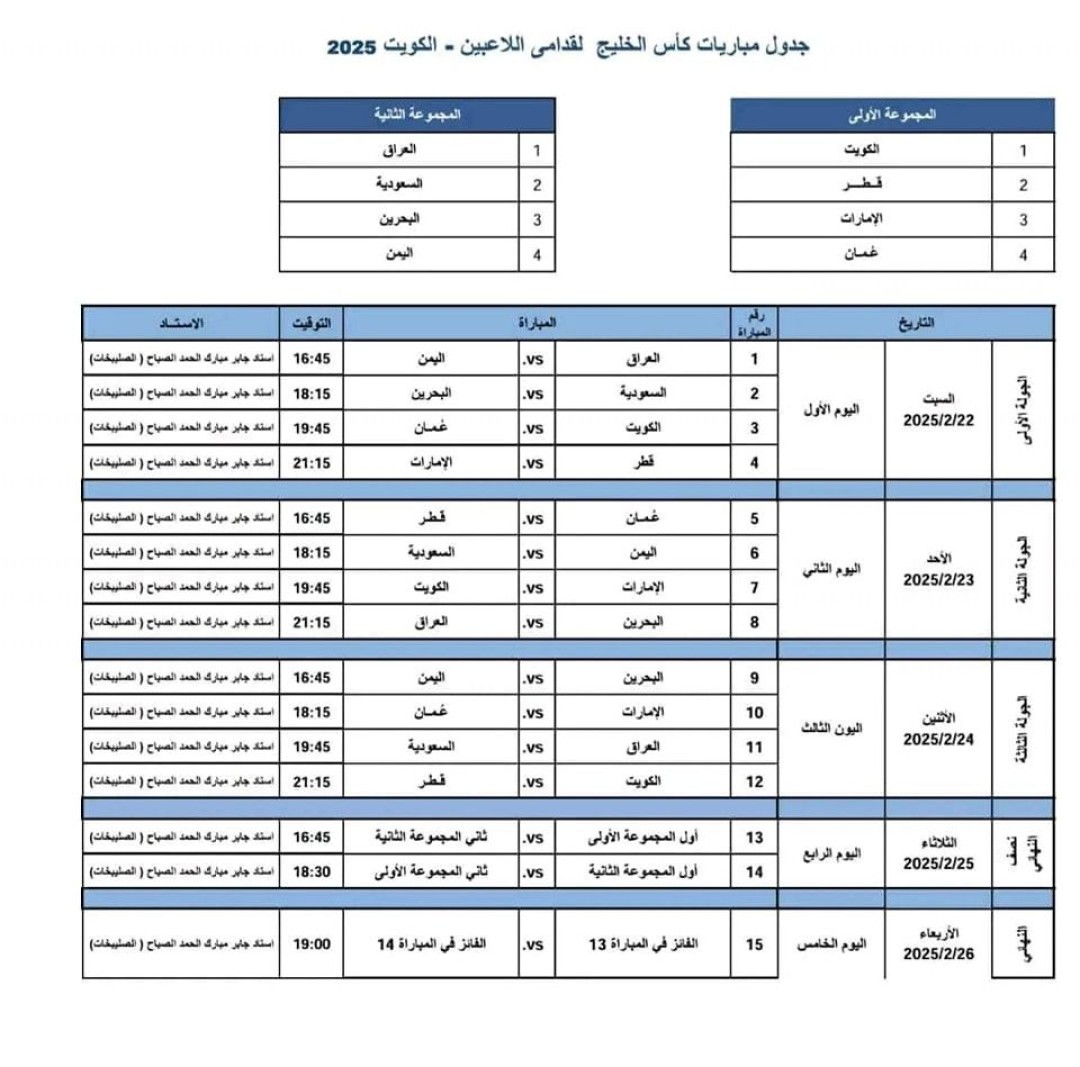 جدول مباريات كأس الخليج لقدامى اللاعبين